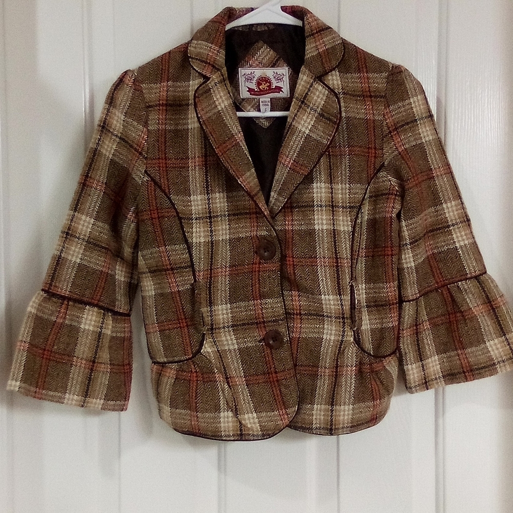 Vintage Beverly Hills Polo Club Brown & Cream Plaid Tweed Blazer